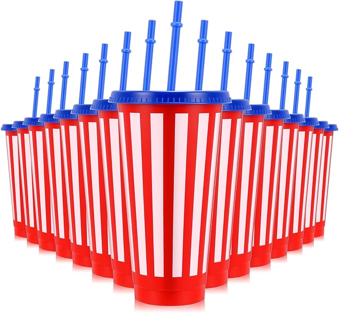 Baderke 24 Pcs 4th of July Plastic Cups Red 24 oz White and Blue Plastic Cups with Lids and Sleeves Stars Stripes Design Drinking Tumbler for Patriotic Memorial Day Reusable Fourth Decor for Party