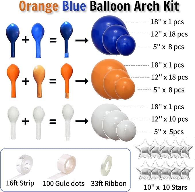 Blue, Orange and White Balloon Arch Kit with Silver Star Foil – Double-Stuffed 5" 12" 18" Balloons for Football, Back to School, Fall Baby Shower, Boys Birthday & Halloween Decor