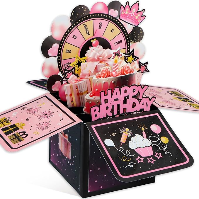 FaCraft Pop Up Birthday Card for Girl - 3D Handmade Spinning Wheel Design with Envelope & Blank Insert, Pink Interactive Happy Birthday Greeting Card for Daughter, Teens & Loved Ones
