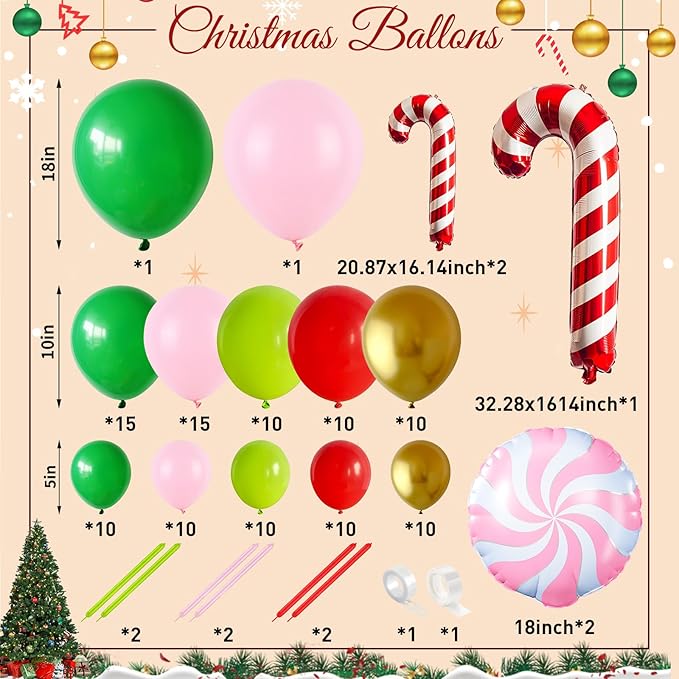 Christmas Balloon Arch Garland Kit, 123Pcs Long Green Red Paster Pink Gold Xmas Balloons with Candy Cane Foil Balloon for Merry Christmas Holiday Birthday Baby Shower Winter New Year Party Decorations