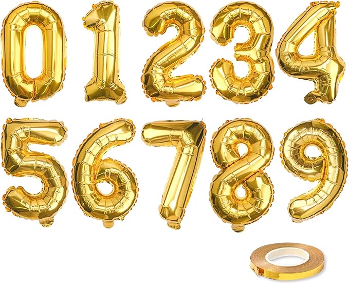 [10] 16" Number Gold Foil Balloons 0-9 set, Mylar Aluminum Hanging Numbers for Graduation Birthday Party Decorations Christmas New Year eve (10 Pcs)