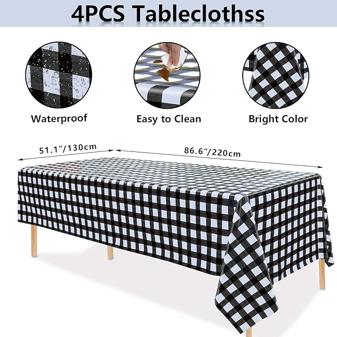 4 Pack Buffalo Plaid Tablecloths - 54x108 Disposable Plastic Black and White Lumberjack Checkered Tablecloth for Party, Picnic, Camping, Barbecue, Christmas, Holiday Table Decor