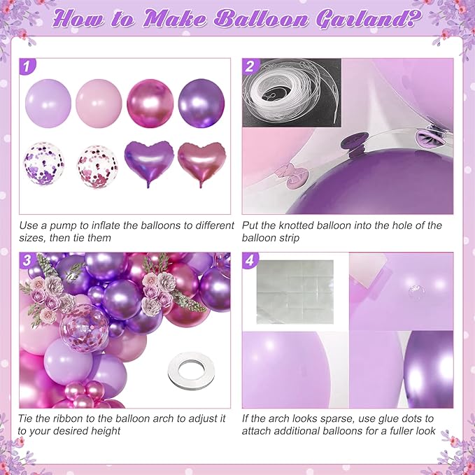 Pink Purple Balloon Garland Arch Kit,126Pcs Metallic Purple Rose Red Confetti Balloons with Heart Foil Balloon for Women Birthday Bridal Baby Shower Wedding Party Decoration