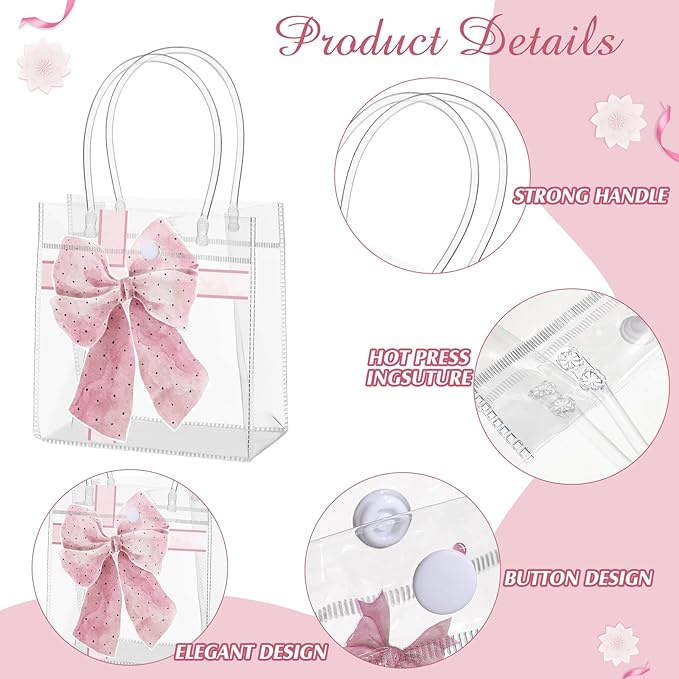 12 Pcs Pink Bow Clear PVC Gift Bag with Handle, 5. 91 x 6. 3 x 2. 76 Inches Pink Coquette Bowknot Tote Bag for Bachelorette Bridal Baby Shower Wedding Birthday Party Favor