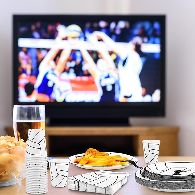 durony 144 Pieces Volleyball Paper Plates and Napkins Dinnerware Set Volleyball Birthday Party Tableware Supplies Includes Paper Plates Napkins Forks Serve 24 for Sports Party Supplies