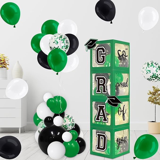 DAZONGE Graduation Decorations 2026, Set of 4 Green Graduation Boxes with 139pcs Balloon Arch Garland Kit & 4 String Lights - So Proud of You Class of 2026 Decorations