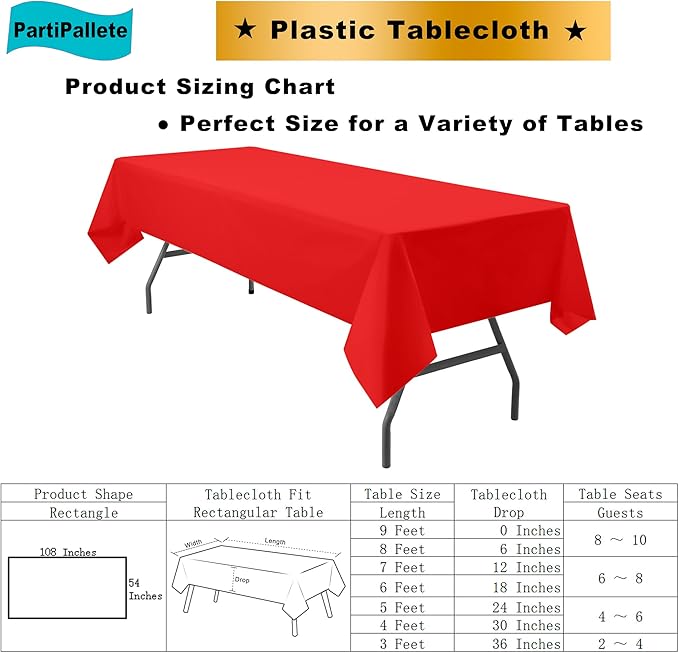 3-Pack Premium Plastic Red Tablecloth Disposable 54" x 108" Rectangle Table Cover Party PEVA Ruby Shine Red Table Cloths for Birthday Wedding Thanksgiving Christmas Graduation Banquet