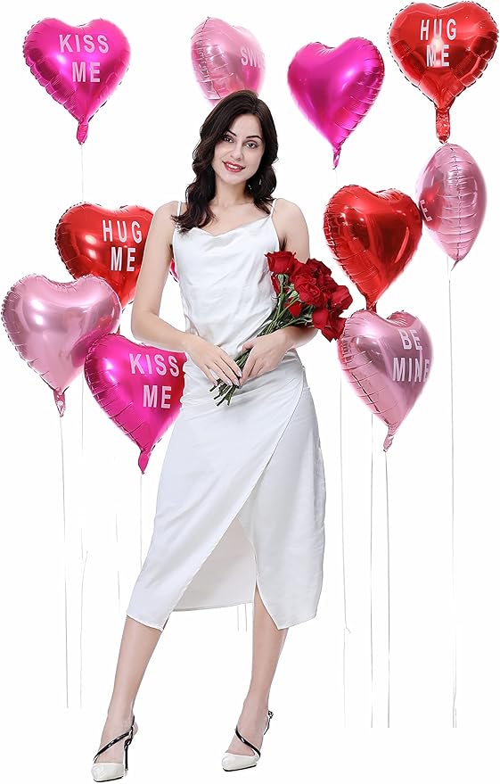 12 pcs Heart Balloons,18" Foil Love Balloons Mylar Balloons, XOXO LOVE SWEET BE MINE heart balloons Valentines Day Decorations Balloons for Propose,Wedding Décor Backdrop & Party Supplies (TEXT HEART)