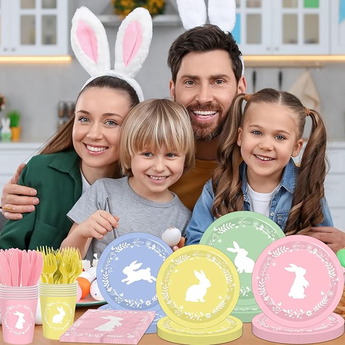 Easter Plates and Napkins, 144Pcs Easter Decorations Colorful Bunny Paper Plates and Napkins, Cups, Forks, Knives for Spring Easter Bunny Picnic Party Supplies, Serves 24