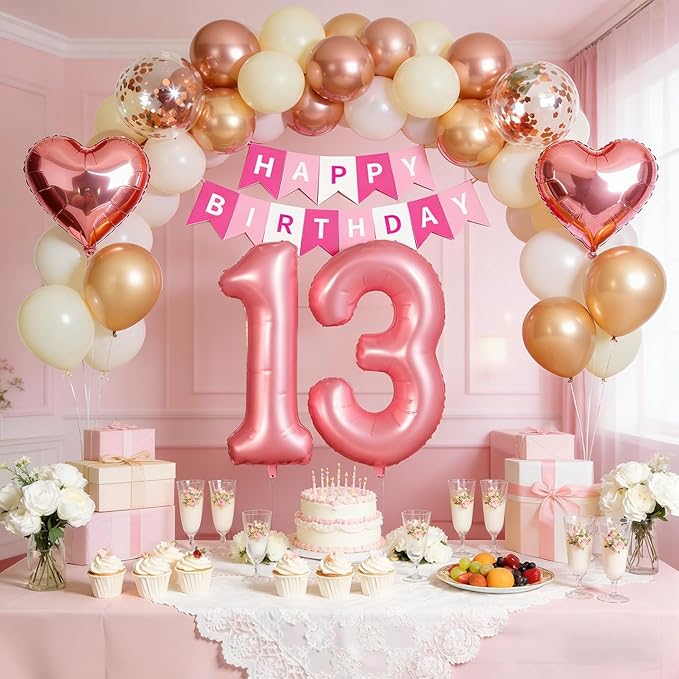 13th Birthday Decorations for Girls, Retro Pink Official Teenager Party Supplies Set with Happy 13th Banner, Number 13 Balloon and Foil Fringe Curtains