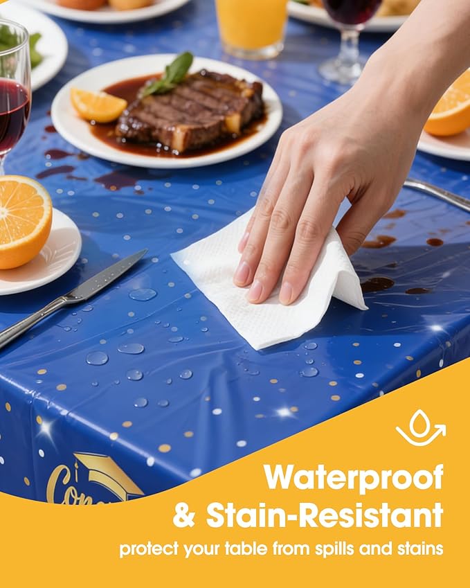 Graduation Blue Plastic Table Cloth - 4 Pack 54" × 108" Rectangle Disposable Tablecloths for 6FT Tables, Table Cover for Party, Holiday & Gathering Use