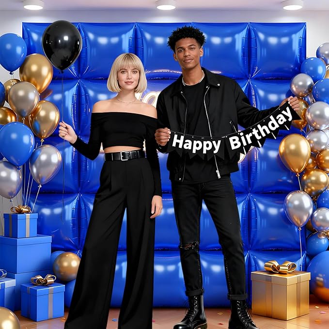 25Pcs Dark Blue Square Foil Balloons Wall Backdrop, Double Sided Metallic Foil Balloons Tunnel Arch Garland Kit for Photo Booth Birthday Wedding Graduation Halloween Party Decorations