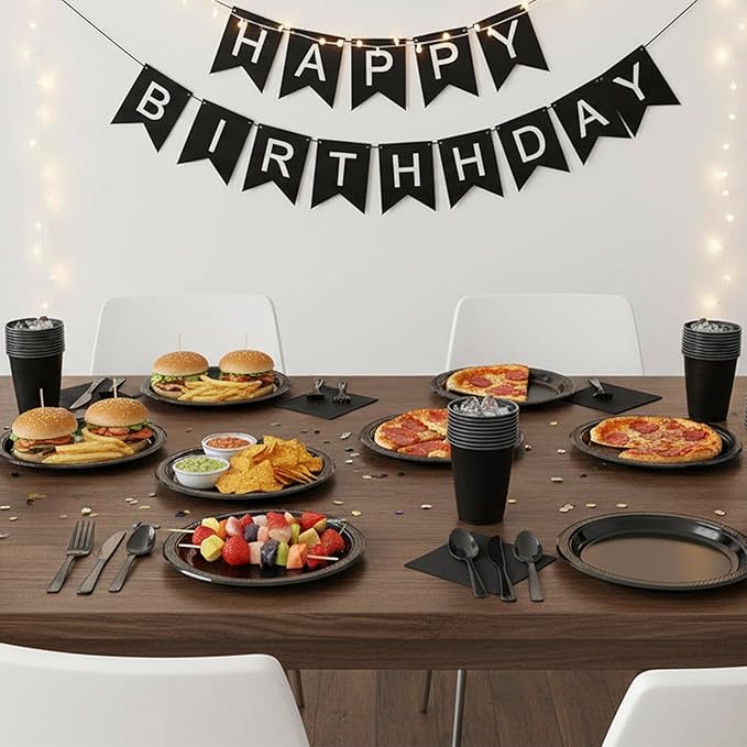 Black Plastic Plates for Party,50 Guest Disposable Plastic Plate Set 9" Plates,7" Dessert Plates,Napkins,Cups,Forks & Tablecloth for Birthday,Halloween,Christmas Parties,Graduations