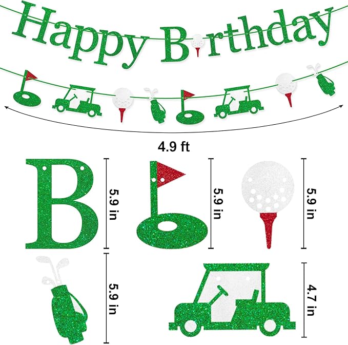 Pre-Strung Golf Happy Birthday Banner, NO-DIY Golf Sports Theme Party Decorations for Kids and Adults, Green