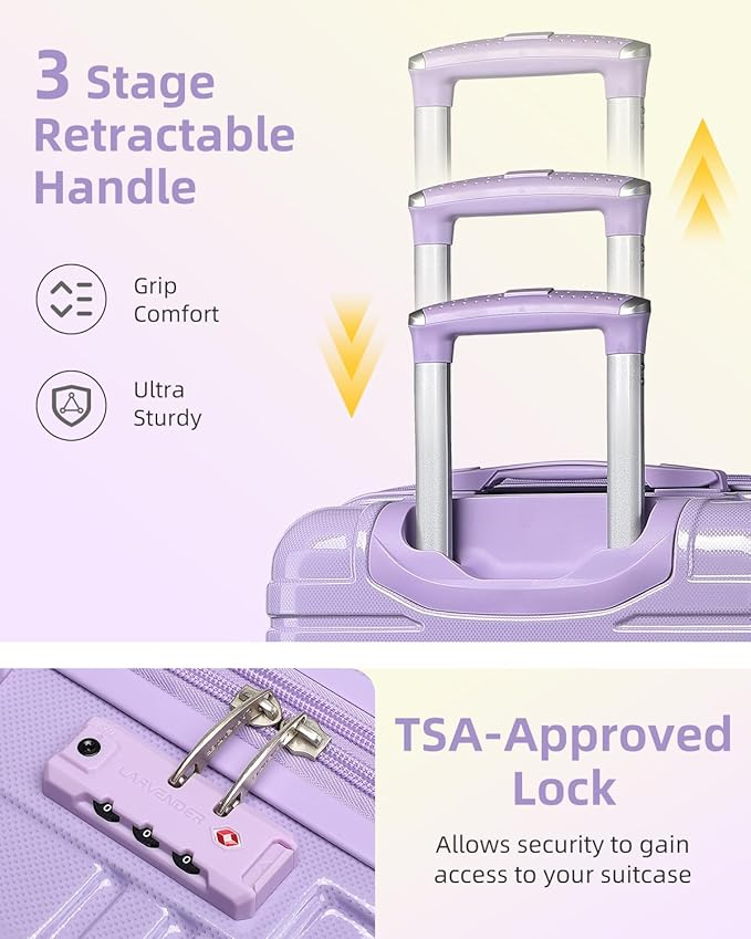 LARVENDER Carry on Luggage 22x14x9 Airline Approved, 20 Inch Hardside Suitcase with Wheels TSA Lock, PC+ABS Lightweight Travel Luggage Sets for Women, Glossy Lavender, 3 Piece Set