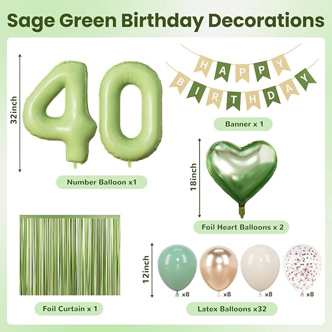 Sage Green 40th Birthday Decorations, Fabulous 40 Party Supplies for Women Men, Sand White & Cream Balloon Kit with Green Number 40 Balloon and Fringe Curtains
