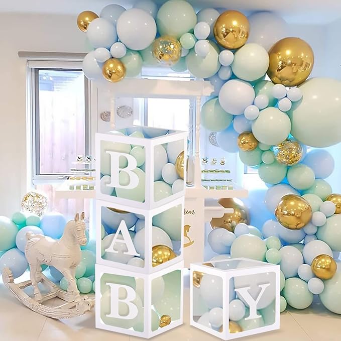 White Clear Baby Boxes with Baby Letters Party Decoration - Transparent Ballon Boxes Backdrop - Baby Shower Birthday Party ,Gender Reveal ,Wedding -4PCS