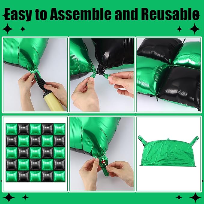 25 Pcs Video Game Party Double Sided Square Foil Balloons Wall Backdrop 19 Inches Green and Black Foil Balloons Tunnel Arch Garland Kit for Boy Game Theme Birthday Party Background Decoration