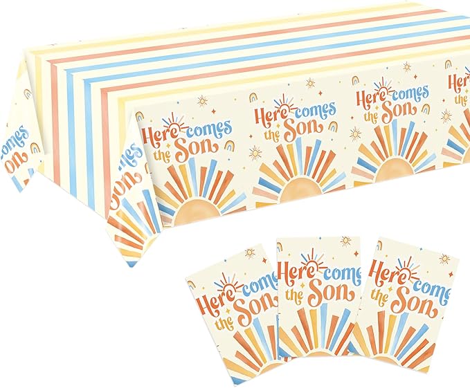 3Pcs Here Comes The Son Baby Shower Decorations Tablecloths Plastic Sunshine Table Covers Disposable Boho Sun Party Table Cloth for Boy,Here Comes The Son Baby Shower Decorations (Sunshine)