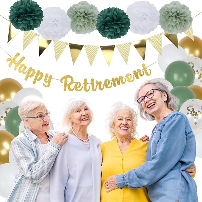 Retirement Party Decorations, Gold Happy-Retirement Banner, Paper Pom Poms, Gold Foil Paper Pennant Banner, Balloons for Retirements Decor, Retired Parties Supplies
