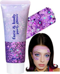 Go Ho Light Purple Face Body Glitter - Party Flash Festival Rave Outfits for Women&Kids,Holographic Glitter Face Paint,Halloween Mermaid Fairy Makeup Chunky Sequins Gel,Rave Pride Accessories