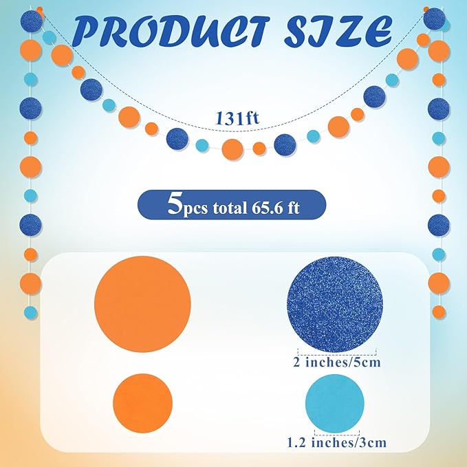 Outus 5 Pieces Round Dots Garland Valentine Easter Party Hanging Decor Each Length 13.1ft Glitter Paper Dot Streamers for Birthday Wedding Classroom (Orange, Blue)