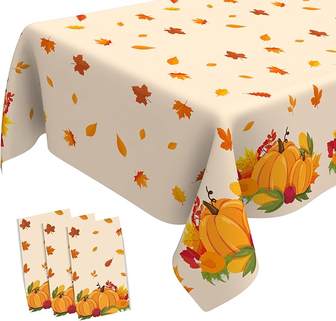Thanksgiving Tablecloth, 3 PCS Disposable Falls Table Cloth, 54"x108" Plastic Pumpkin Maple Leaves Autumn Rectangle Tablecloth Tables Cover for Thanksgiving Fall Autumn Home Party Table Decorations