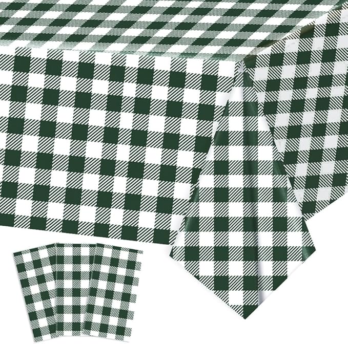 3 Pack Blackish Green Gingham Tablecloths, 54 X 108Inch Disposable Party Table Covers Scalloped Checkered Table Cloth Waterproof Blackish Green White Tablecloth for Birthday Barbecue Tea Party Wedding