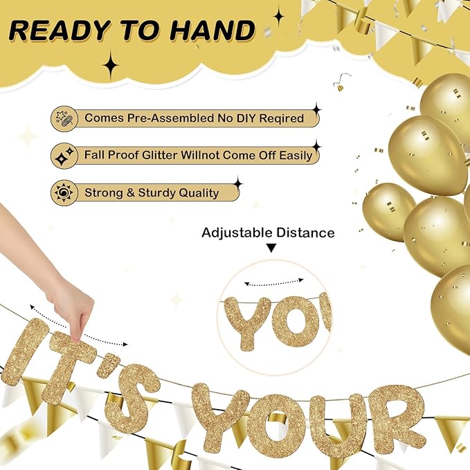 Fulmoon Pre Strung Yay It's Your Birthday Banner Glitter Happy Teen Boys Teen Girls Adult Banner Glitter Funny Birthday Party Decorations(Champagne Gold)