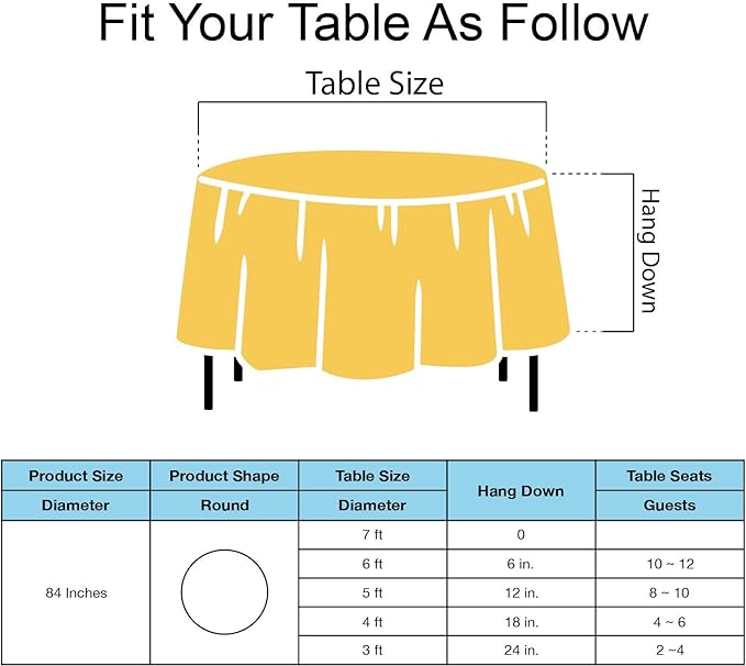 Yellow Plastic Tablecloths 2 Pack Disposable Table Covers 84 Inch Circle Bridal Shower Party Tablecovers PEVA Vinyl Table Cloths for BBQ Picnic Birthday Wedding Banquet Parties 6 ft Round Table Use