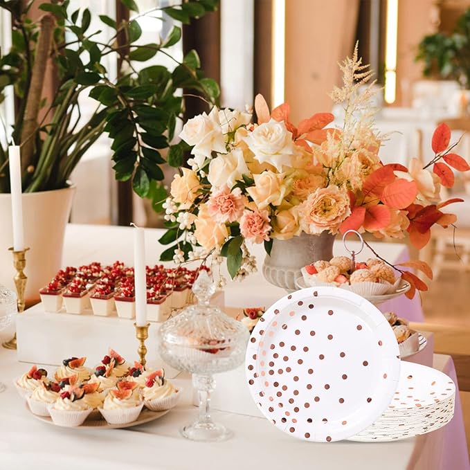 White and Rose Gold Party Supplies, Rose Golde Dot Paper Dessert Plates (50-Count)