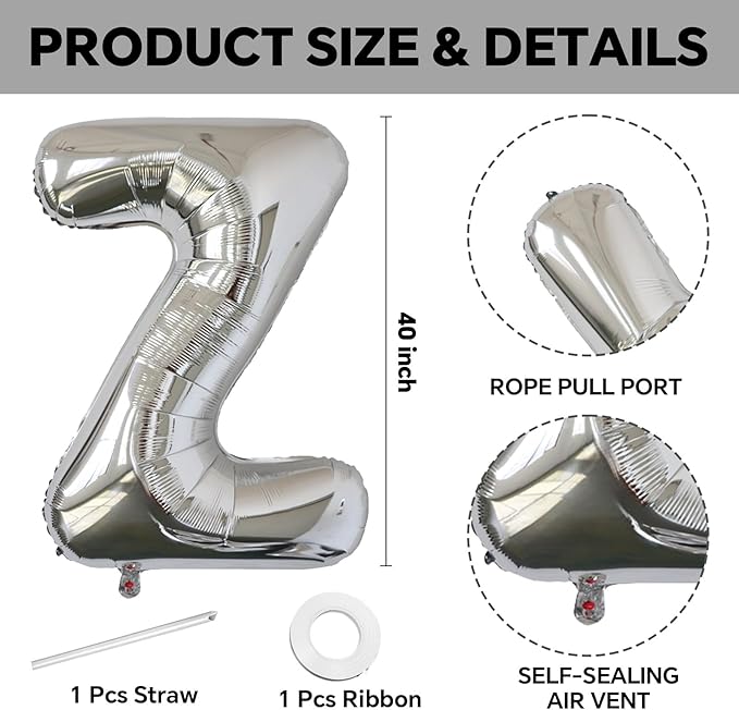 KALOR 40 Inch Silver Letter Z Balloons Jumbo Foil Mylar Helium Big Balloons for Birthday Party Anniversary Baby Shower Supplies