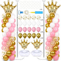 2 Sets Princess Party Balloon Column Stand Kit With 102 Crown Foil Balloons 5.57Ft Adjustable Balloon Tower Stand With Base Pink and Gold Arch Column for Girls Birthday Baby Shower Party Supplies