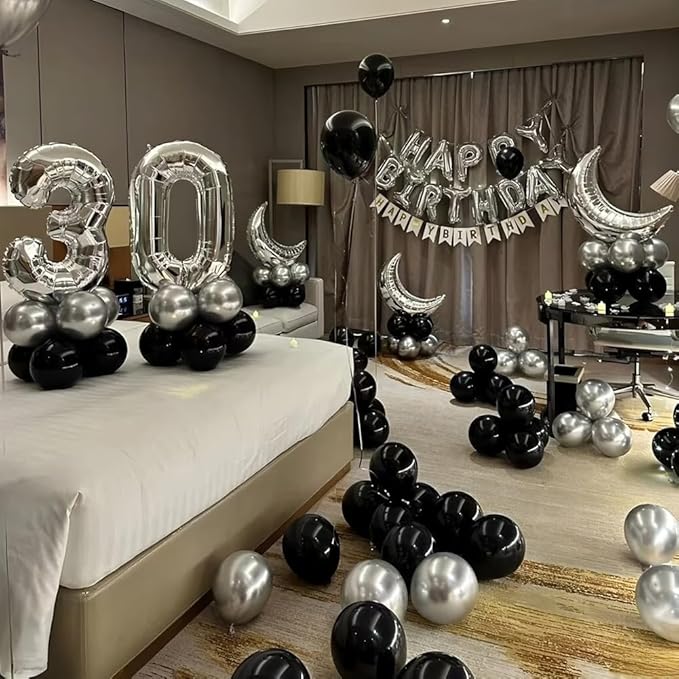 200 Pcs Black and Silver Balloons 12 Inch Latex Black Metallic Chrome Silver Balloon for Birthday Wedding Bridal Baby Shower Supplies Graduation Party Decorations