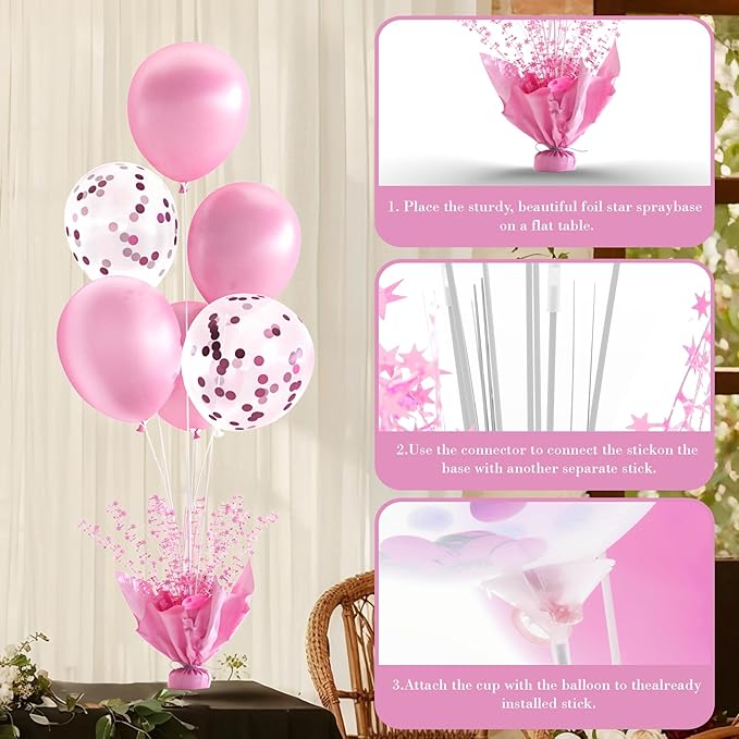 2 Set Pink Table Balloons Foil Spray Centerpiece with Pink and Confetti Balloons Stand Kit for Birthday Party Girls Princess Baby Shower Wedding Bridal Shower Prom Graduation Table Decorations