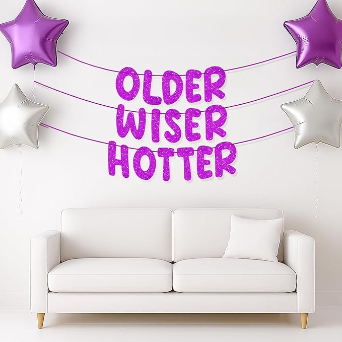 Pre-Strung Happy Birthday Banner Birthday Sign NO DIY Glitter Older Wiser Hotter Banner for Women Men 30th 40th 50th 60th 70th 80th Funny Purple Birthday Decorations (Purple)