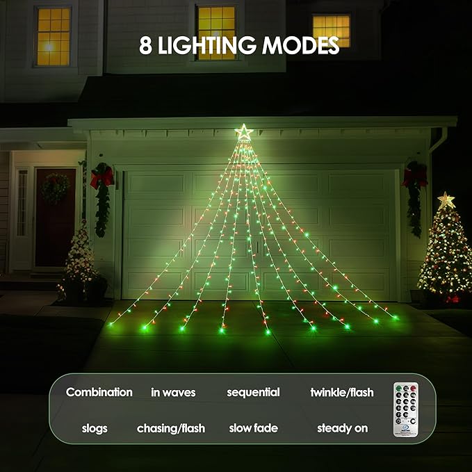 WBao 344 LED Christmas Lights Outdoor Decorations with 12" Star Topper, 11.9ft Waterfall Christmas Lights, Remote Control 8 Modes, Timer, UL Listed Waterproof for Tree Roof Porch Decor, Red Green