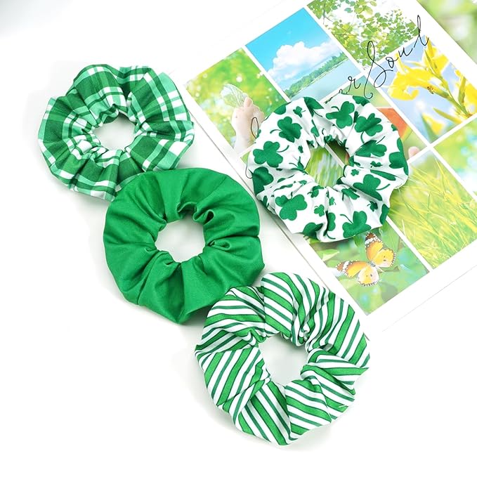 St.Patrick's Day Hair Ties for Woman Girls Green Striped Plaid Shamrock Hair Scrunchies Elastic Irish Lucky Leaf Hair Tie St.Patricks Party Supplies Hair Accessories