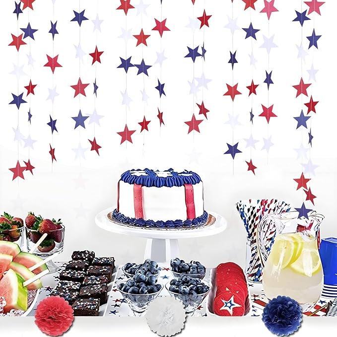 XIANMU 8 Strands Star Streamers Paper Garland Patriotic Decorations Red White Blue Hanging Stars Banner for 4th of July Memorial Day Independence Day Veterans Day Party Decor