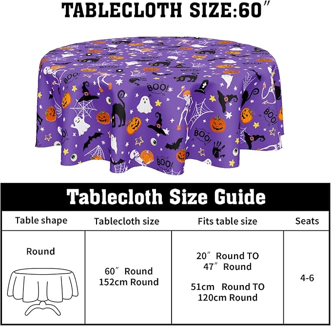 Halloween Tablecloth Round 60 Inch Purple Outdoor Table Cloth Black Orange Pumpkin Table Cover for Kitchen Dinner Room Holiday Party Outdoor Home Halloween Decor