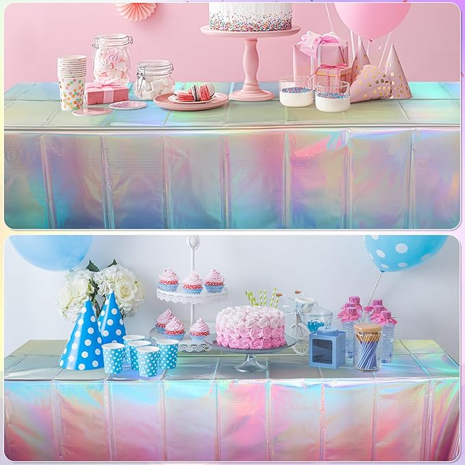3 Pack Iridescent Pastel Plastic Tablecloth, Shiny Disposable Laser Rectangle Table Covers, Holographic Foil Tablecloth Iridescent Party Decorations for Spring Easter Baby Shower Birthday, 54x108Inch