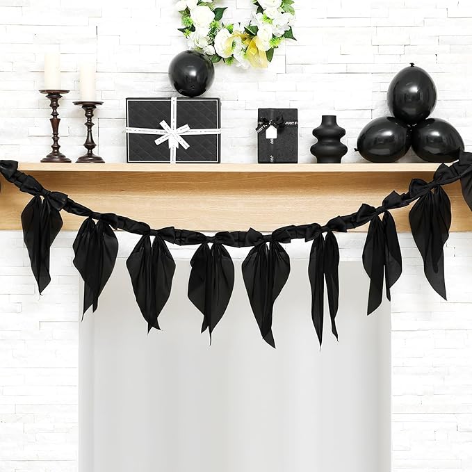 VitalCozy 1 Pcs Black Bow Garland Banner, Halloween Satin Ribbon Hanging Party Bow Garland Decoration for Birthday Wedding Halloween Party Supplies