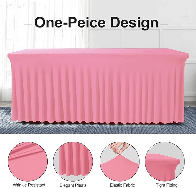 Table Skirt for 4 Foot Tables - One-Piece Pink Tablecloths and Skirt, Wrinkle Resistant Ruffles Elastic Cover for Banquets, Weddings, Events, Parties