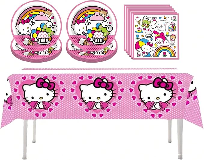 41 pcs Pink Cat Party Decoration Hello Cat Pink Kite Including 1pc Tablecover 20 pcs 7 inches Plates and 20 pcs 6.5 inches Napkins Cat Theme Birthday Party Decoration Favor Sets (Rainbow 41)