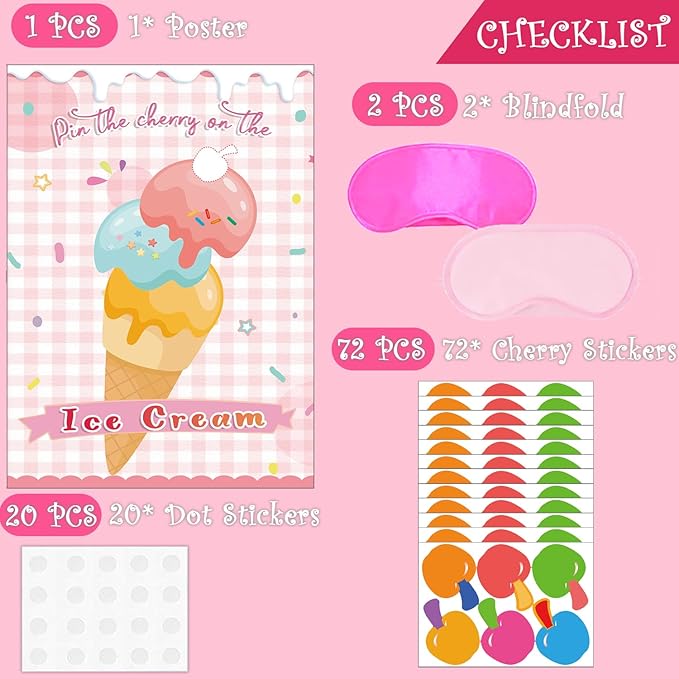 T-Antrix Pin The Cherry on The Ice Cream Game -Ice Cream Party Game with 21'' x 28'' Poster, Reusable Cherry Sticker Carnival Party Supplies Kids Birthday Party Favor Sets