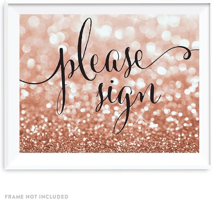 Andaz Press Wedding Party Signs, Glitzy Rose Gold Glitter, 8.5x11-inch, Please Sign, 1-Pack, Bokeh Colored Party Supplies