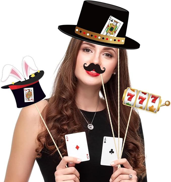25Pcs Texas Hold'em Photo Booth Props with Stick, Las Vegas Selfie Props,777 Party Supplies,Playing Cards Theme Backdrop Decorations