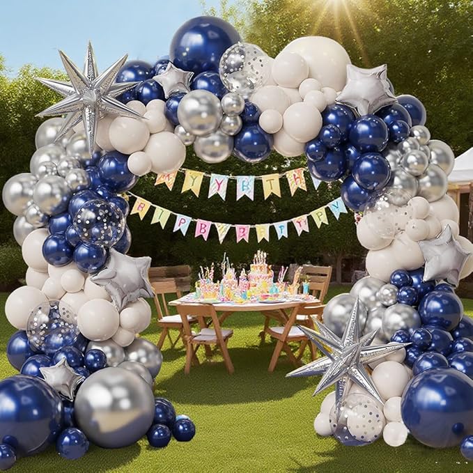 Navy Blue Sliver Sand white Balloon Garland Arch Kit, Royal Blue White Metallic Sliver Confetti Mixed Sizes Balloons for Anniversary Baby Shower Wedding Birthday Party Decorations