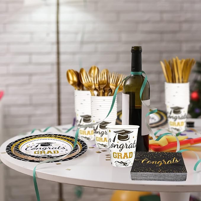 Whaline 175Pcs Graduation Party Supplies, Paper Plates and Napkins Set , 25 Guests Congrats Grad Disposable Tableware Set Include Paper Plate Napkin Cup Knife Fork Spoon for Grad Table Decor