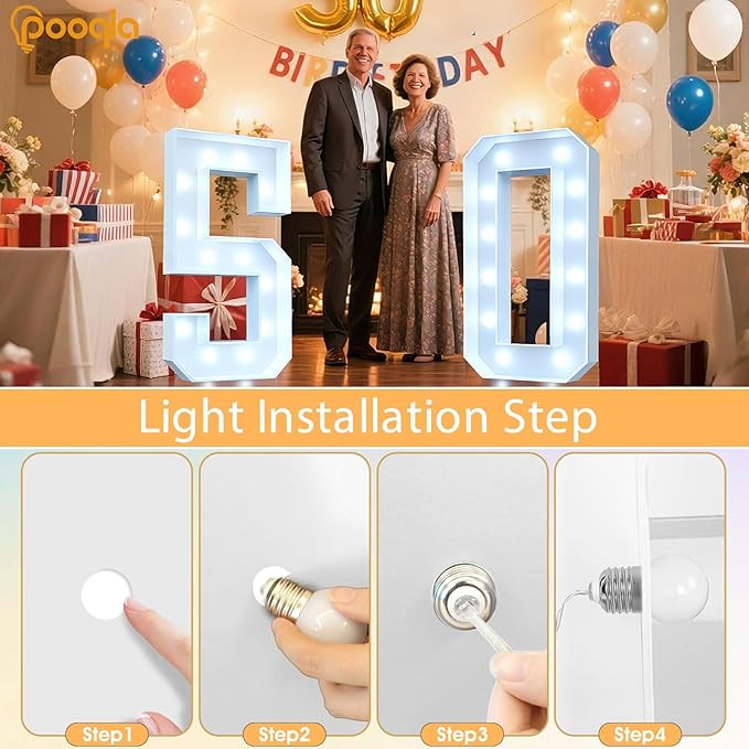 Pooqla 4 FT Light Up Marquee Numbers, Cool White and Warm White LED Large Lighted Marquee Numbers, Giant Mosaic Light Up Numbers for Balloons 3rd 13th 30th Birthday Party Decoration, LED Number 3